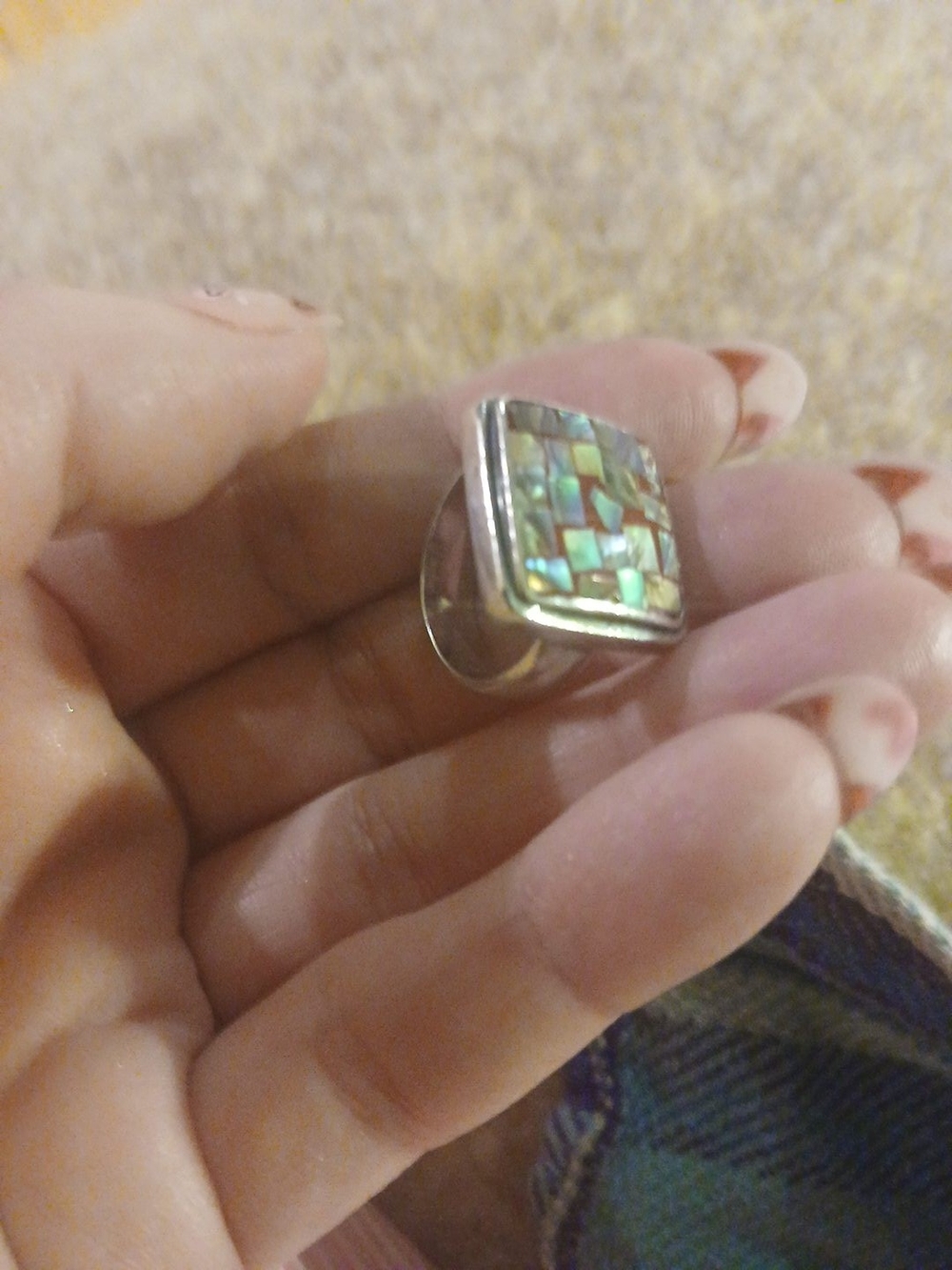 Square Abalone Mosaic Sterling Ring - Iridescent Green Mother Pearl 7